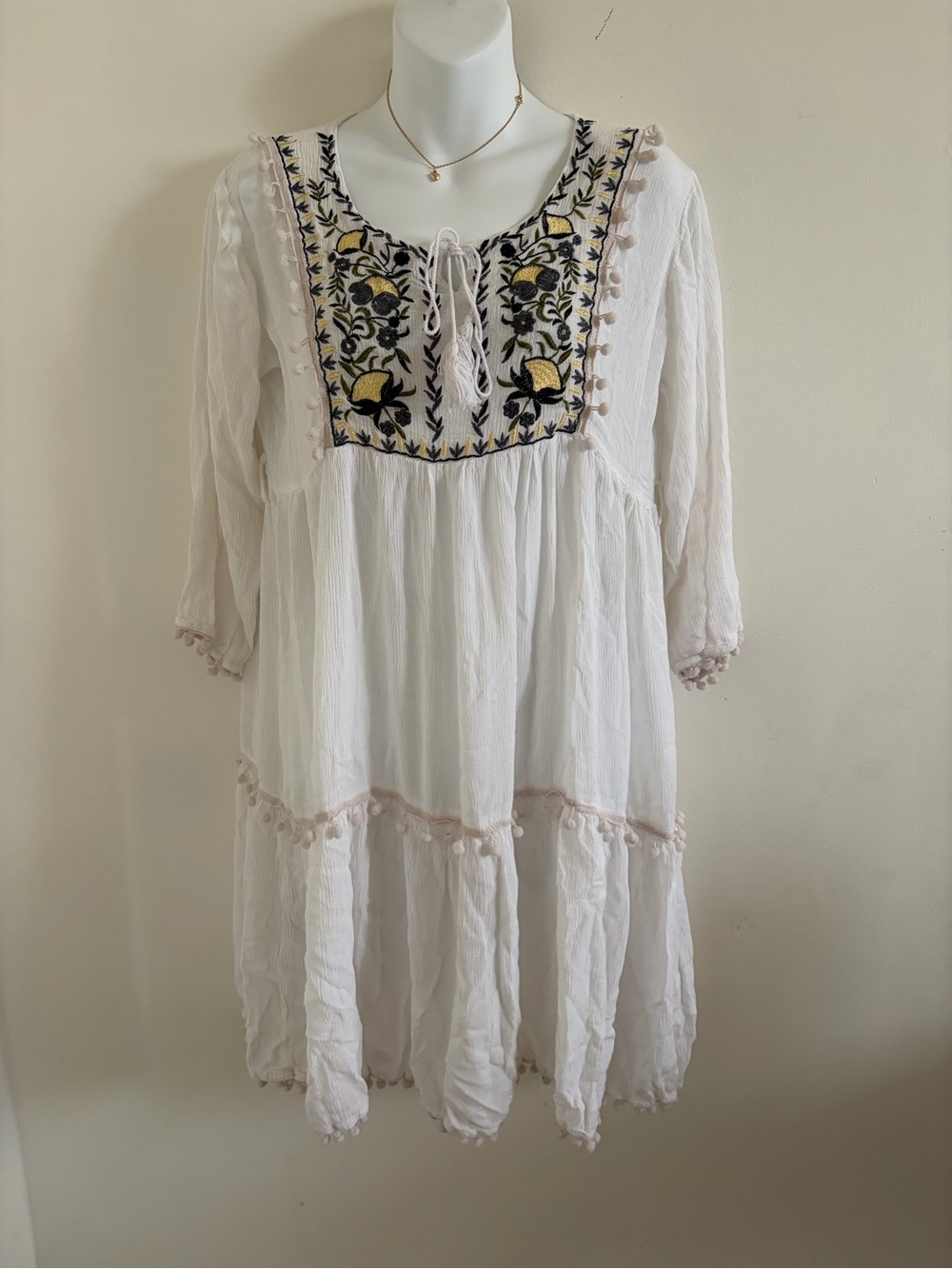 Boho Embroidered White Peasant Dress with pompoms